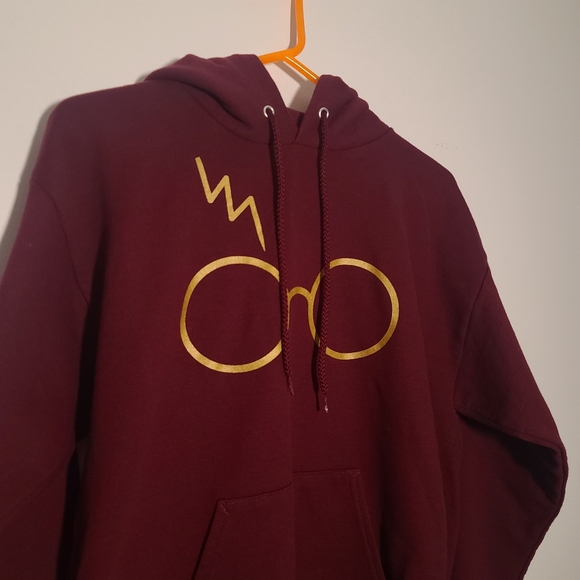Hanes Harry Potter glasses and lightening bolt wine and gold hoodie sweatshirt M - Picture 2 of 6